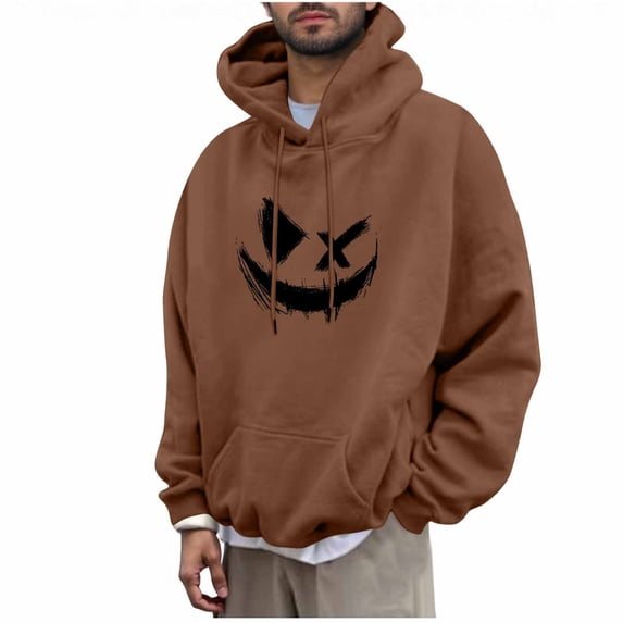Felirenzacia Unisex Graphic Hoodie for Women Men, Evil Smiling Face Print Long Cuffed Sleeve Hooded Pullover Sweatshirt for Big Men,Coffee,XL