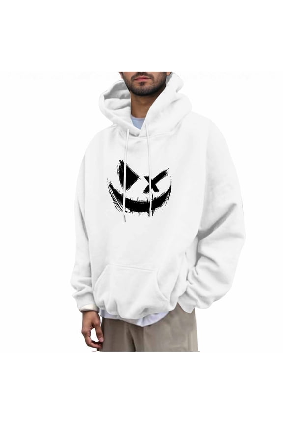 Unisex Graphic Hoodie for Women Men, Evil Smiling Face Print Long Cuffed Sleeve Hooded Pullover Sweatshirt for Big Men,White,L