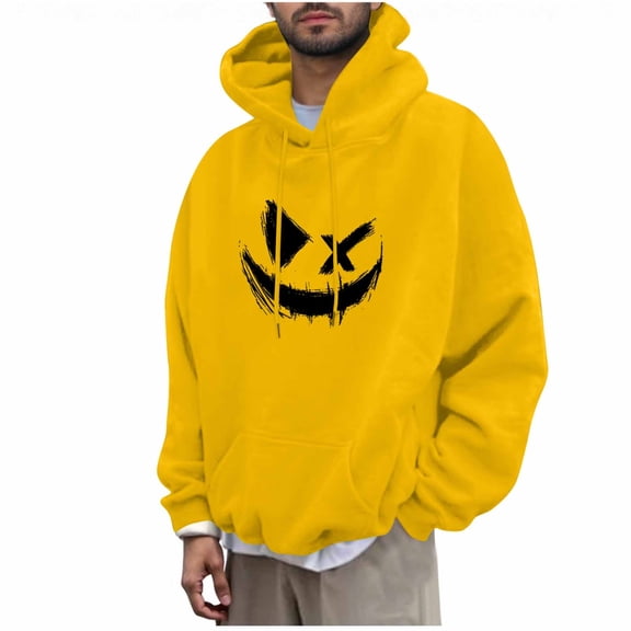 Felirenzacia Unisex Graphic Hoodie for Women Men, Evil Smiling Face Print Long Cuffed Sleeve Hooded Pullover Sweatshirt for Big Men,Yellow,S