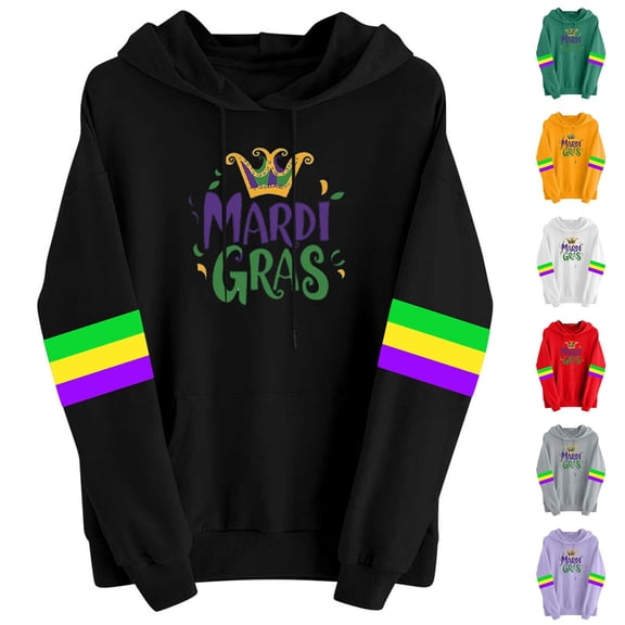 Felirenzacia Unisex Mardi Gras Hoodie, Carnival Hooded Pullover Tops for Women and Men, Long Sleeve with Stripes, S-2XL
