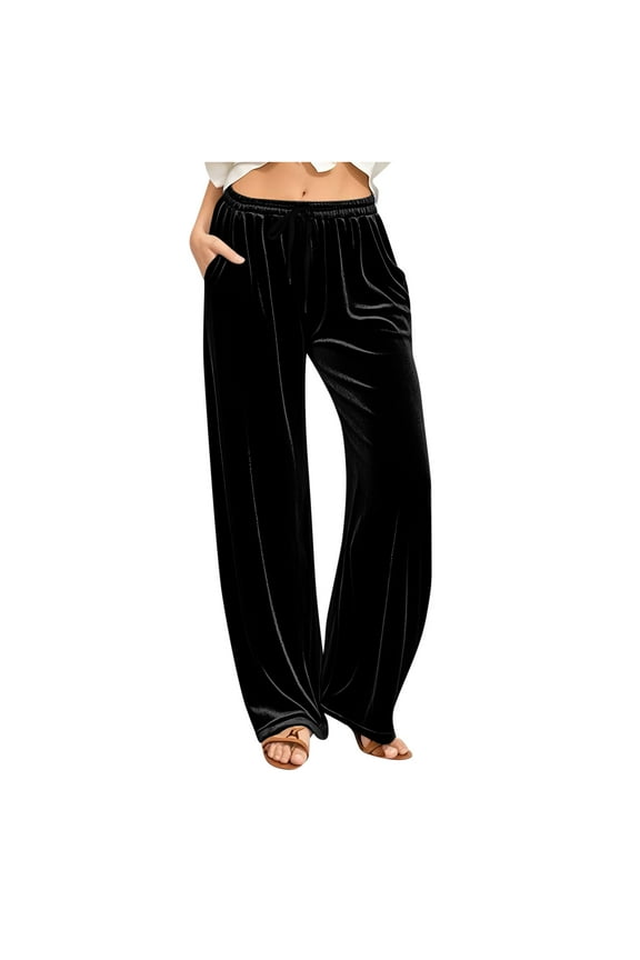 Velvet Pants for Women with Pockets, Casual Loose Leg Drawstring Waist Trousers for Work