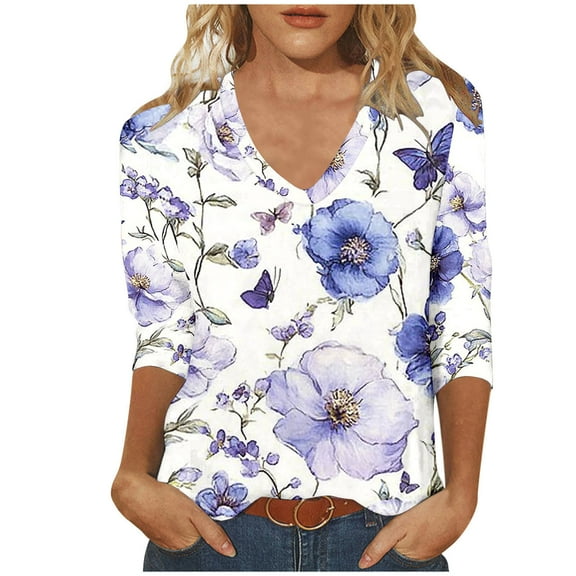 Felirenzacia White Ladies Blouse, V-Neck Tunic, Three-Quarter Sleeve Top, Floral and Butterfly Print for Spring