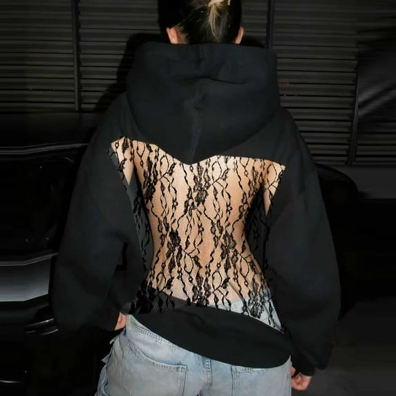 Felirenzacia Women Black Lace Mesh Open Back Hollow Out Oversized Hoodie Pullover Sweatshirt With Sense Top, XS-2XL