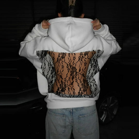 Felirenzacia Women Black Lace Mesh Open Back Hollow Out Oversized Hoodie Pullover Sweatshirt With Sense Top, XS-2XL