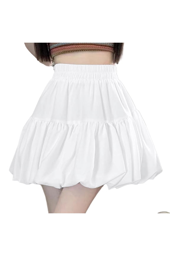 Women Bubble Mini Skirt Ruched High Waist A Line Short Skirt Ruffle Hem Slim Fit Skater Skirts