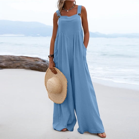 Felirenzacia Women Casual Cold Shoulder Jumpsuit Solid Button Suspender Jumpsuits Wide Pocket Leg Pant