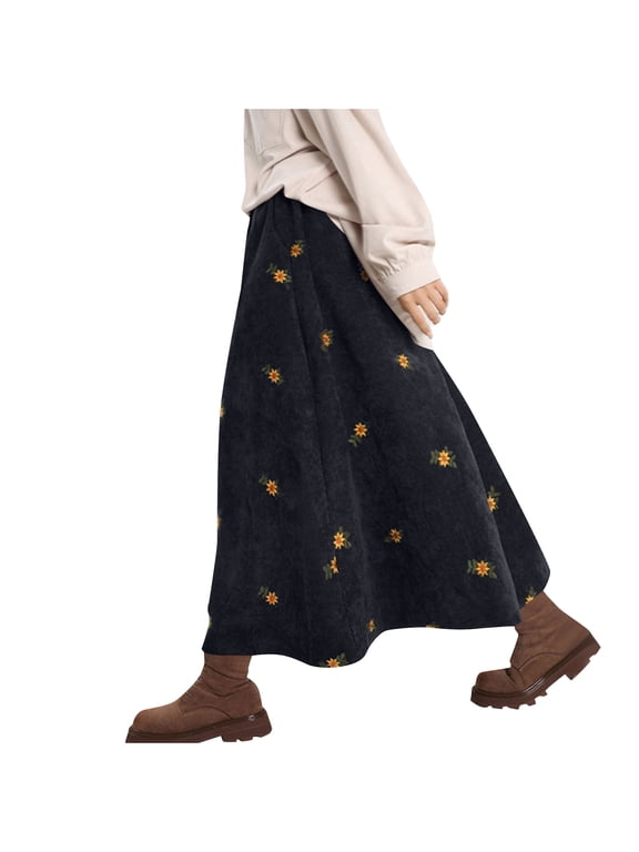 Women Corduroy Long Skirt Vintage A-Line Elastic Waist Cottagecore Floral Embroidery Fall Boho Maxi Skirts , Black,L