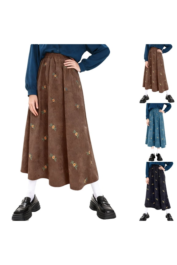 Women Corduroy Long Skirt Vintage A-Line Elastic Waist Cottagecore Floral Embroidery Fall Boho Maxi Skirts , Khaki,4XL