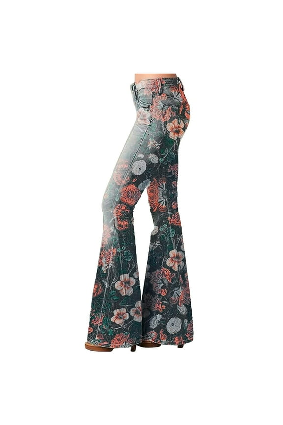 Women Flare Jeans, Daisy Print, Colombian Design, Floral Pattern, Butt Lift, Skinny Jeans, Stretch Denim Pants Casual Comfy Y2K Streetwear