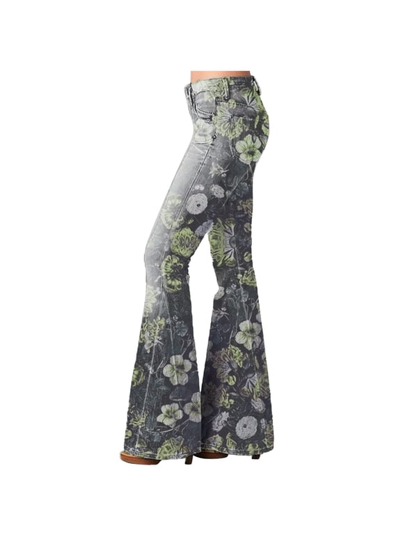 Women Flare Jeans, Daisy Print, Colombian Design, Floral Pattern, Butt Lift, Skinny Jeans, Stretch Denim Pants Casual Comfy Y2K Streetwear