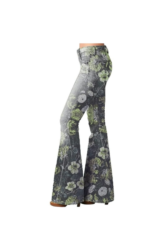 Women Flare Jeans, Daisy Print, Colombian Design, Floral Pattern, Butt Lift, Skinny Jeans, Stretch Denim Pants Casual Comfy Y2K Streetwear