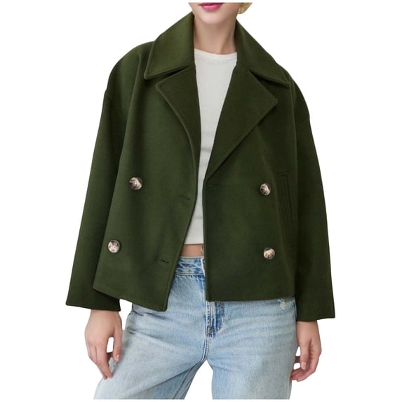 Felirenzacia Women Lapel Collar Double Breasted Cropped Wool Coat