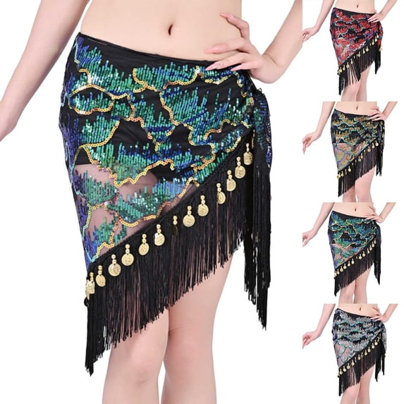 Felirenzacia Women Peacock Feather Pattern Sequin Tassel Skirt Glitter Sparkly Fringe Belly Dance Hip Scarf Skirts Metallic Rave Party Belts Costume, Green,Free Size