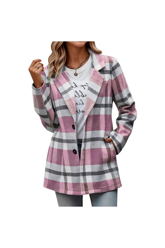 Women Plaid Blazer, Wool Tartan Shacket Jacket, Single Breasted Winter Coat for Women