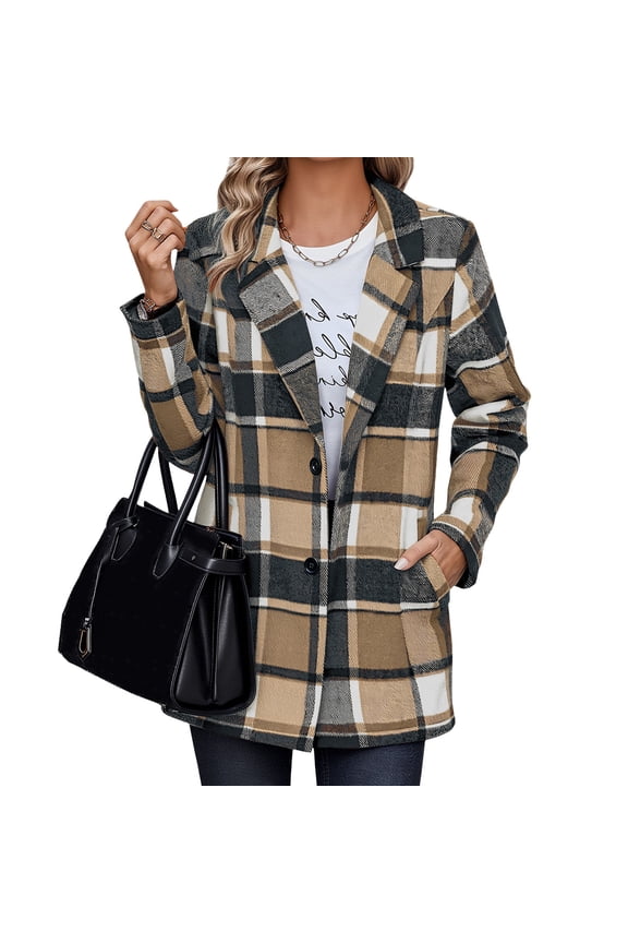Women Plaid Shacket Jacket Fall Casual Button Wool Tartan Trench Blazer Coat With Pockets