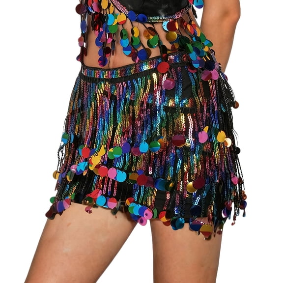 Felirenzacia Women Rainbow Sequin Tassel Skirt Glitter Sparkly Fringe Belly Dance Hip Scarf Skirts Metallic Rave Party Belts Costume, Multicolor,Free Size