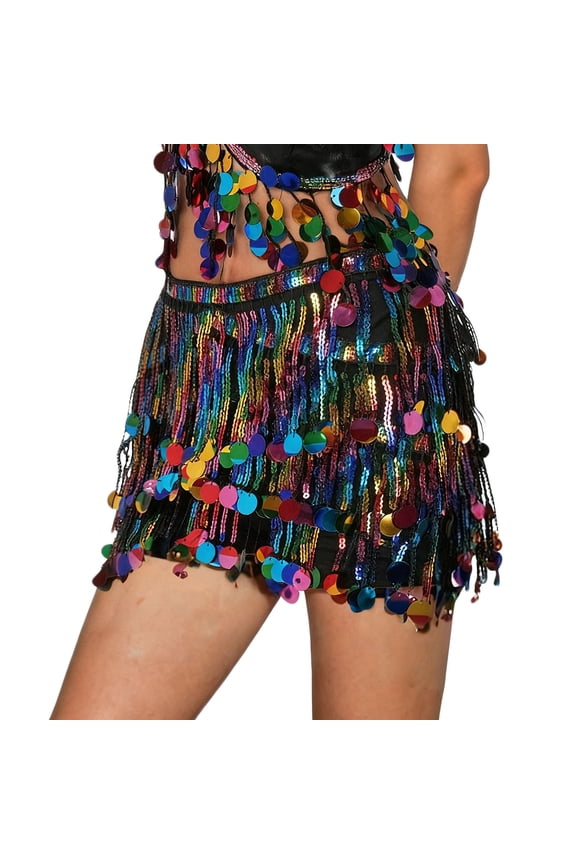 Women Rainbow Sequin Tassel Skirt Glitter Sparkly Fringe Belly Dance Hip Scarf Skirts Metallic Rave Party Belts Costume, Multicolor,Free Size