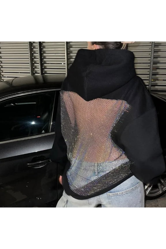 Women Rhinestone Mesh Open Back Hollow Out Oversized Hoodie Pullover Sweatshirt With Sense Top, XS-2XL