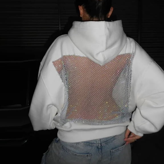 Felirenzacia Women Rhinestone Mesh Open Back Hollow Out Oversized Hoodie Pullover Sweatshirt With Sense Top, XS-2XL