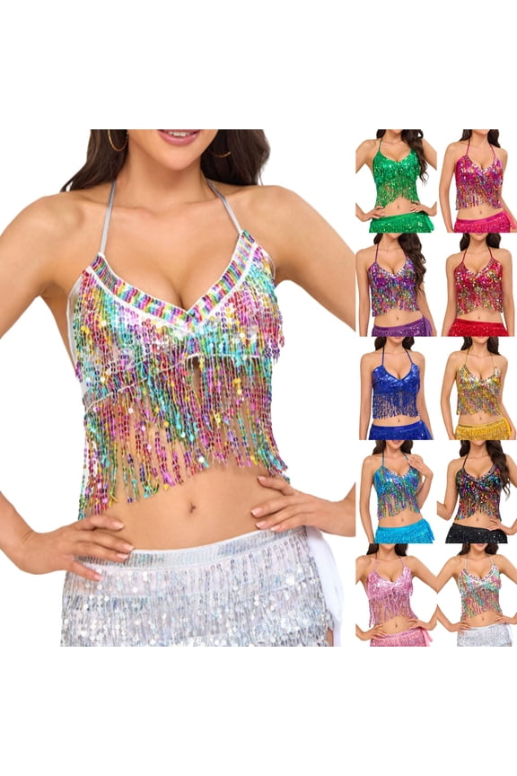 Women Sequin Tassel Dance Blouse, Sleeveless Sparkly Sequin Camisole Tank Top , Silver,Free Size