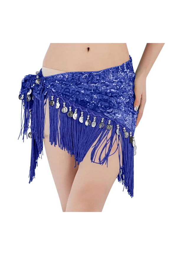 Women Sequin Tassel Skirt Glitter Sparkly Fringe Belly Dance Hip Scarf Skirts Metallic Rave Party Belts Costume, Blue,Free Size
