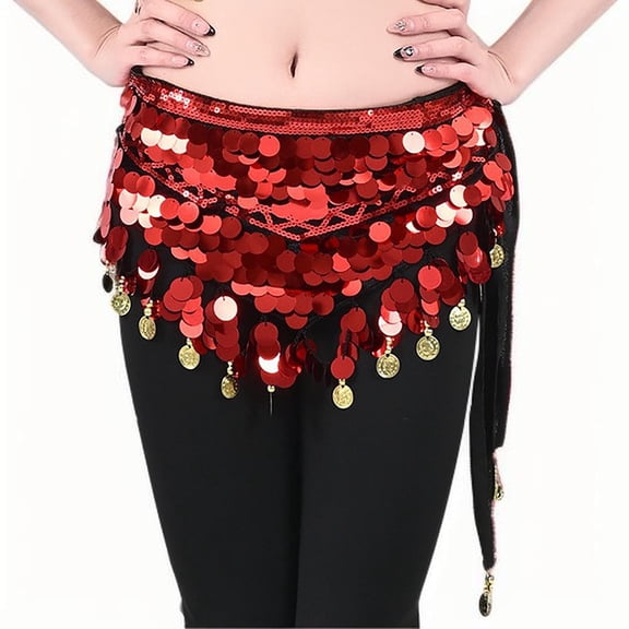 Felirenzacia Women Sequin Tassel Skirt Glitter Sparkly Fringe Belly Dance Hip Scarf Skirts Metallic Rave Party Belts Costume, Red,Free Size
