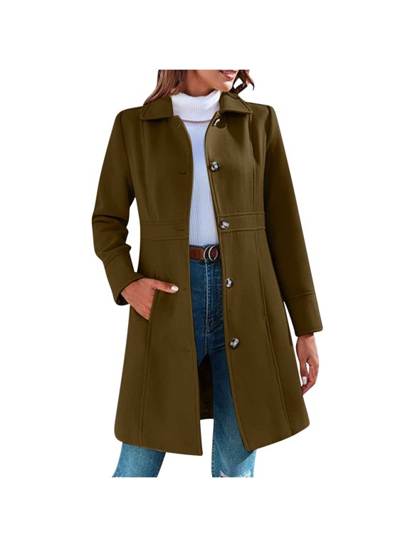 Women Winter Wool Blend Camel Mid-Long Coat Notch Lapel Jacket Outwear for School Teacher