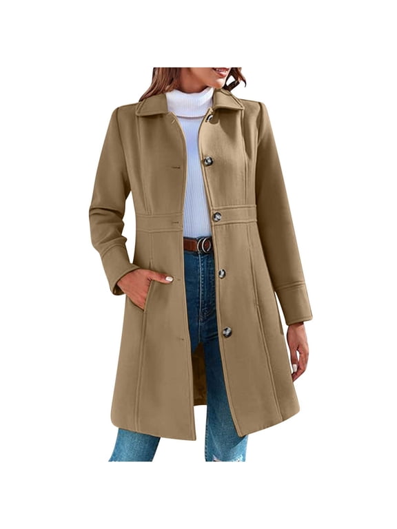 Women Winter Wool Blend Camel Mid-Long Coat Notch Lapel Jacket Outwear for School Teacher