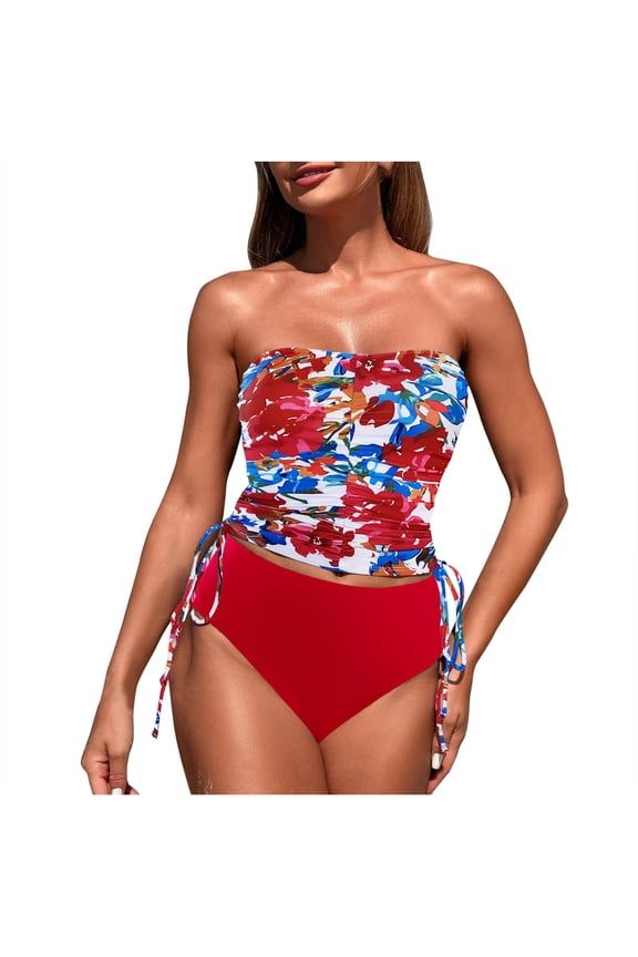 Women's 2 Piece Bandeau Swimsuit with Adjustable Drawstring, Tummy Control Push Up Ruched Tankinis, Disty Bath Suit,Red,M