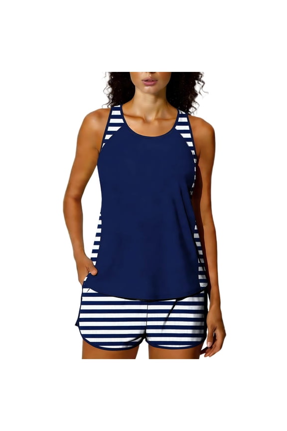 Women's 2 Piece Tankinis, Athletic Push Up Boyleg Short with Printed Tank Pleated Swimsuit,Dark Blue,M