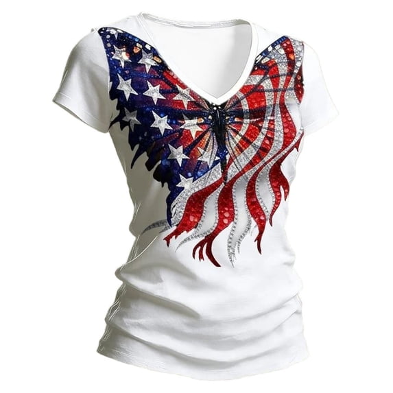Felirenzacia Women's 4 of July Graphic T Shirt Basic Printed Round Neck Short Sleeves Tailored Tee Top White,M