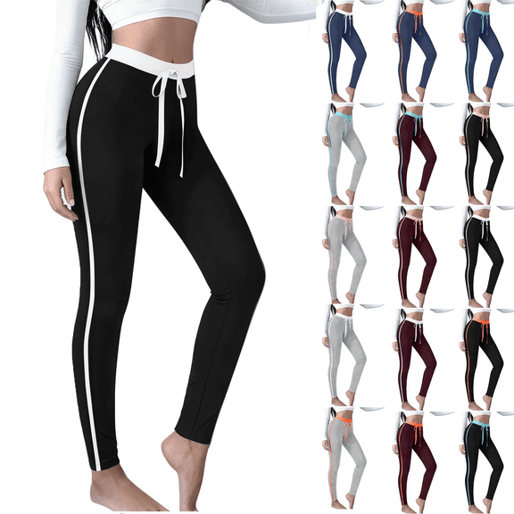 Felirenzacia Women's Active Long Leggings, Striped Atheletic 4 Way Stretch Drawstring Elastic Waist Skinny Yoga Pants, White,S