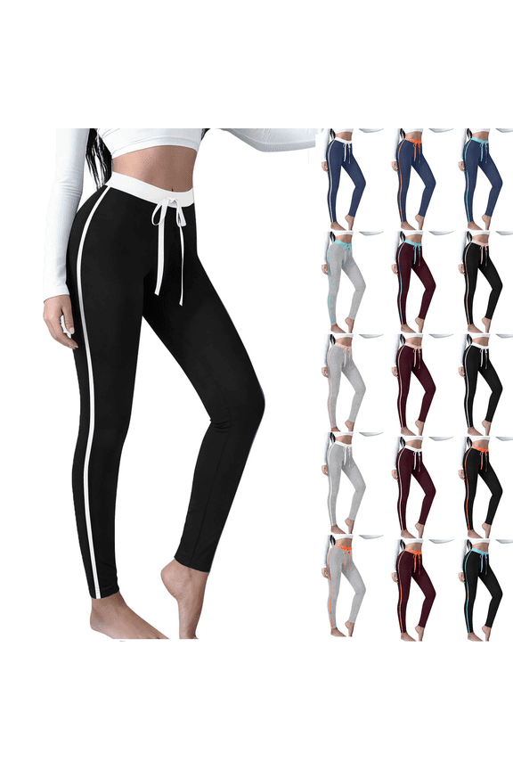 Women's Active Long Leggings, Striped Atheletic 4 Way Stretch Drawstring Elastic Waist Skinny Yoga Pants, White,S