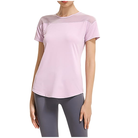 Felirenzacia Women's Athletic Quick Dry Solid Mesh Patchwork T Shirt Short Sleeves Yoga Top Cound Neck Tee Top Purple,M