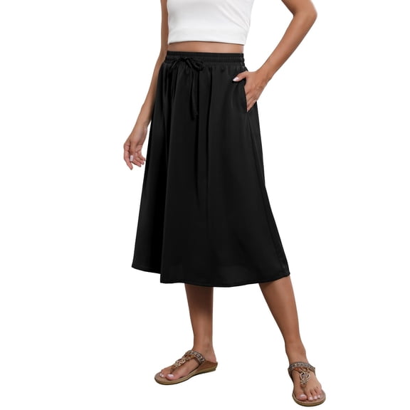 Felirenzacia Women’s Basic Classic Cotton High Waisted Flared Elastic Waist Skirt with Pockets Casual Versatile Stretchy