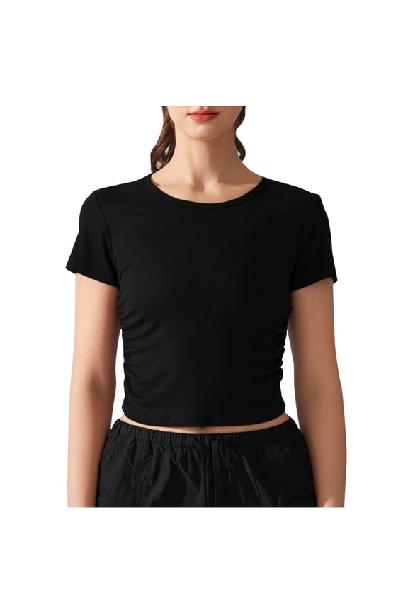 Women's Basic Cotton Short Sleeve Crewneck T Shirt Double Lined Fitted Crop Tops Black,S