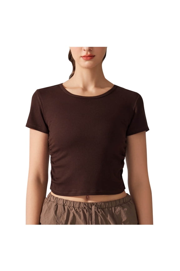 Women's Basic Cotton Short Sleeve Crewneck T Shirt Double Lined Fitted Crop Tops Coffee,S