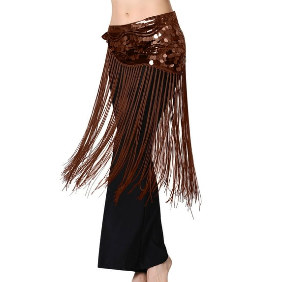 Felirenzacia Women's Bellydance Long Tassels Skirt, Coin Sequin Waistband with Long Fringe Dance Skirt, Brown,Free Size