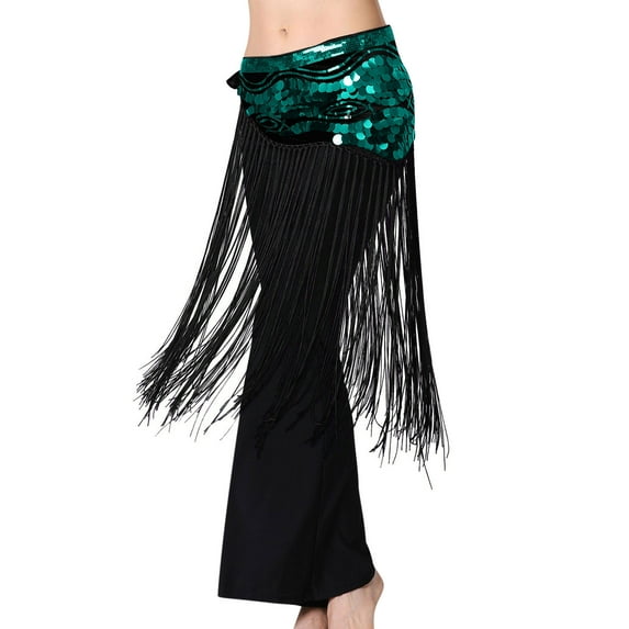 Felirenzacia Women's Bellydance Long Tassels Skirt, Coin Sequin Waistband with Long Fringe Dance Skirt, Green,Free Size