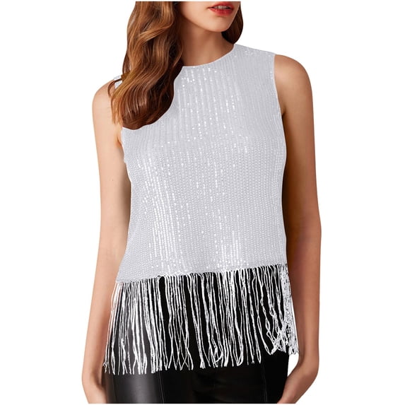 Felirenzacia Women's Boat Neck Sequin Fringe Tank Top, Sparkly Glitter Tassels Sleeveless Pullover Top, White,2XL