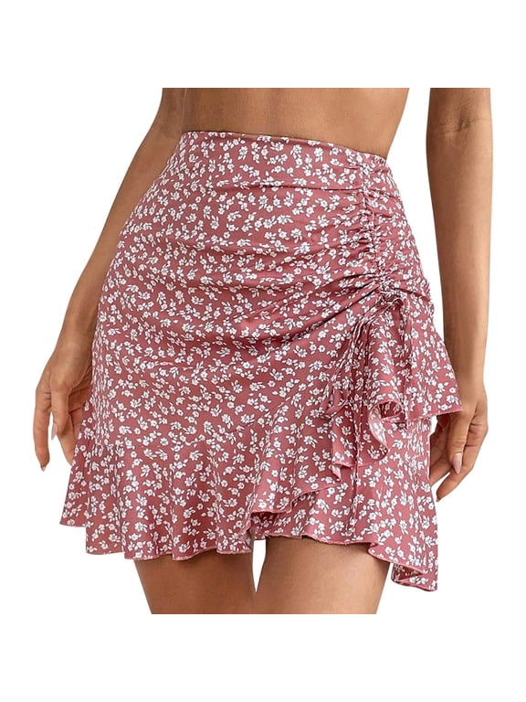 Women's Boho Floral Ditsy Wrap Mini Skirt Ruffle Elastic Waist Skorts 2026 Summer Beach Vacation Shorts Pink,L