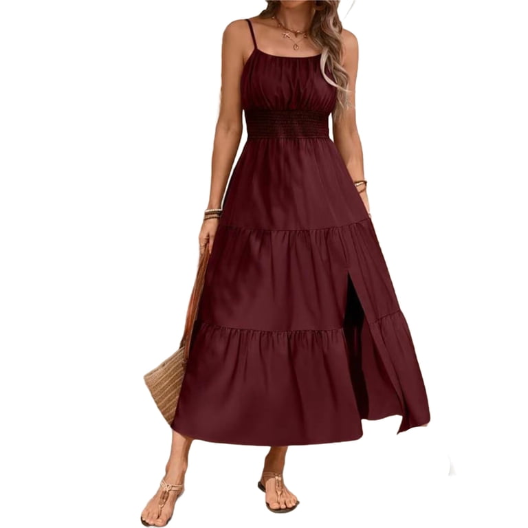 Felirenzacia Women's Boho Maxi Dress Spring Summer Smocked Wedding Guest Dress Summer Vacation Ruched Ruffle Flowy Milkmaid Sundress,Wine,S, Size: Felirenzacia Women's Boho Maxi Dress Spring Summer Smocked Wedding Guest Dress Summer Vacation Ruched Ruffle Flowy Milkmaid Sundress,Wine,S, Size: