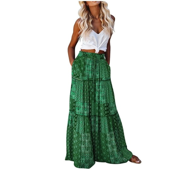 Felirenzacia Women’s Boho Maxi Skirt, Tiered Long Skirt with Pockets, Elastic High Waistband, Casual Flowy Bohemian Fall Skirt for Ladies