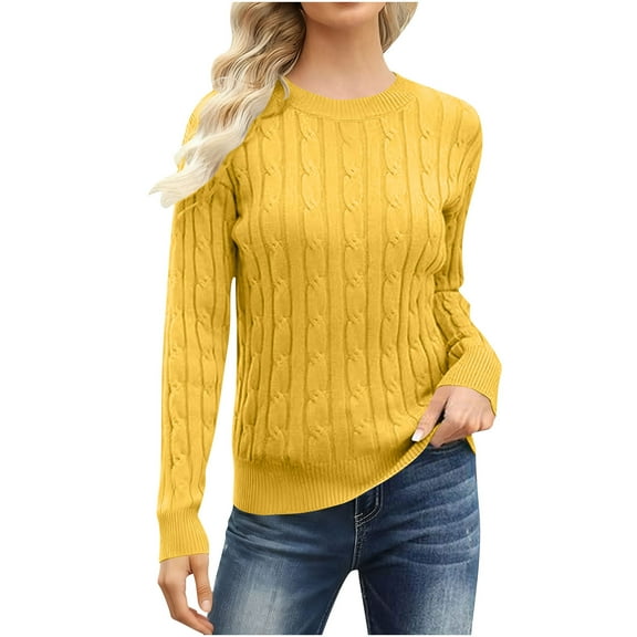 Felirenzacia Women's Braided Sweater, Cable Knit Round Neck Long Sleeve Pullover, Cozy Fall Winter Sweashirts,Yellow,S