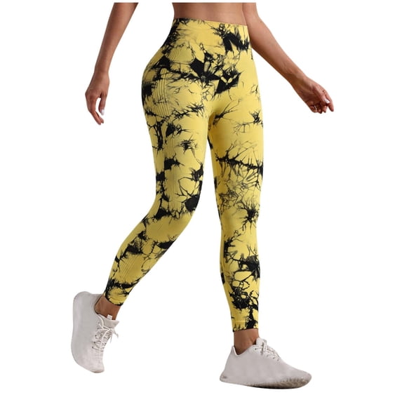 Felirenzacia Women's Bright Yellow Tie Dyed High Rise Yoga Pants, Shibori Lightning Pattern Yoga Pants, High Waisted Hip Lifting Sports Pants, XS-L