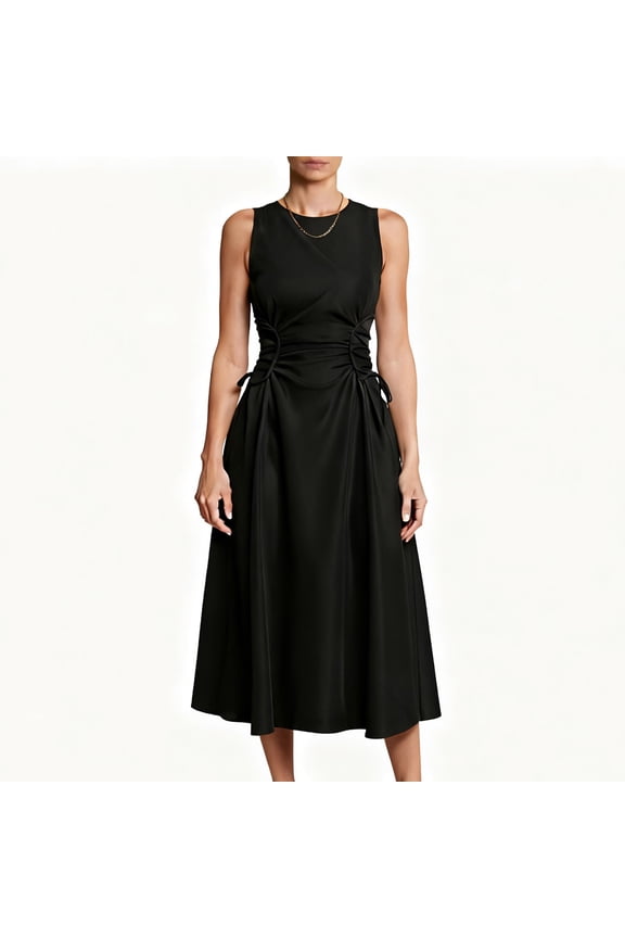 Women's Business Cocktail Dress Side Drawstring Wrap Formal Elegant Sleeveless Boatneck Sheath Dresses,Black,XL