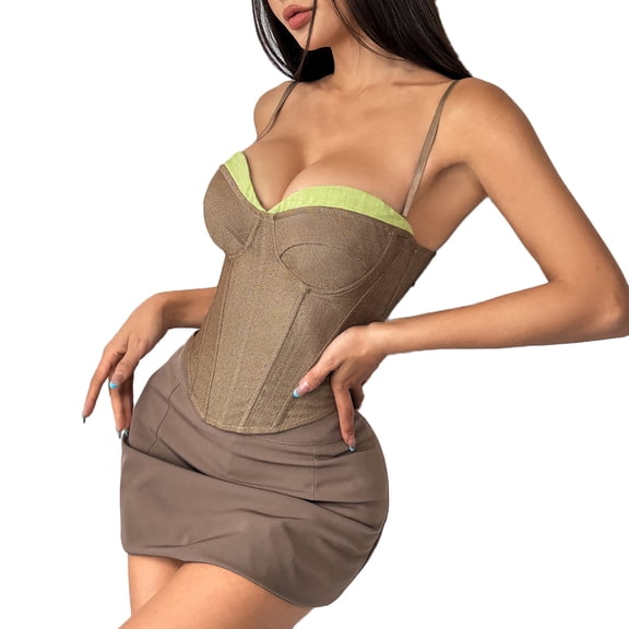 Felirenzacia Women’s Bustier Corset Top, Spaghetti Strap Structured Bodice, Push Up Curvy Fit Fashion Tank for Party Clubwear ,Brown,S
