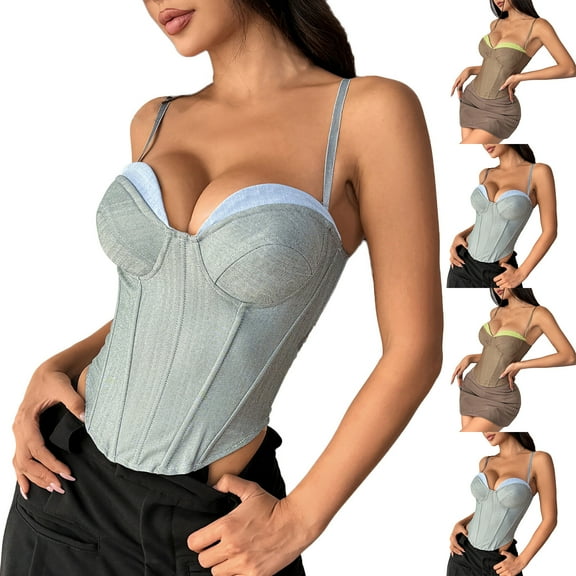 Felirenzacia Women’s Bustier Corset Top, Spaghetti Strap Structured Bodice, Push Up Curvy Fit Fashion Tank for Party Clubwear ,Gray,S