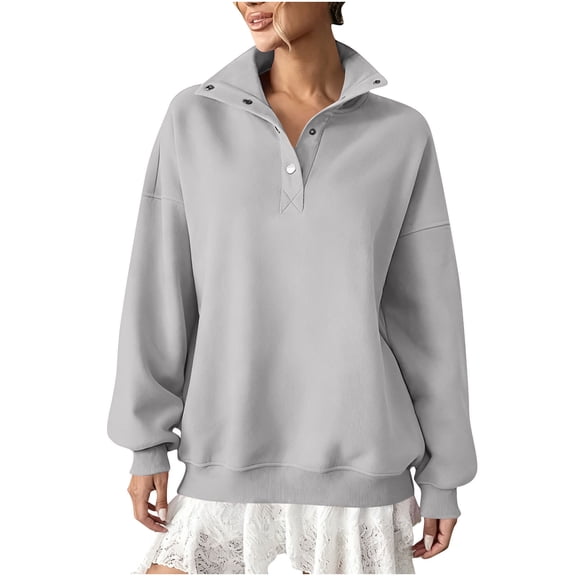 Felirenzacia Women's Button Lapel Sweatshirt, Casual Notched Collar Athleisure Pullover Tops, Fall Season Off Shoulder Hoodless Hoodie, Size: S-2XL