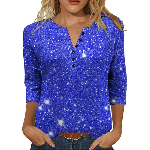 Felirenzacia Shirt for Women Glitter Sparkle Tunic Top with Buttons Casual V Neck 3/4 Sleeve Blouse